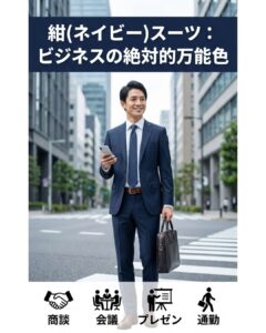 ビジネス街を歩くネイビースーツ(紺色)を着た男性。商談やプレゼンなどあらゆるビジネスシーンに適した絶対的万能色であるネイビースーツのスマートな着こなし例。