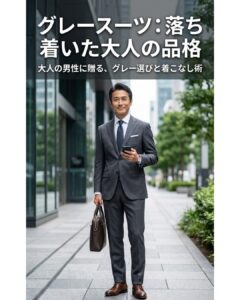 オフィス街に立つグレースーツを着た男性。知的で上品、落ち着いた大人の品格を演出するグレースーツのビジネスコーディネート例。