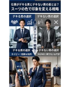 紺色スーツを着た仕事がデキる男と、サイズの合わないグレースーツを着たデキない男の対比画像。スーツの色とサイズでビジネスの印象を変える戦略を解説。