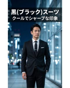 夜のオフィス街に立つブラックスーツを着た男性。クールでシャープな印象を与え、スタイリッシュに見せる黒スーツのビジネスコーディネート例。