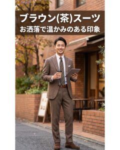 カフェの前でタブレットとコーヒーを持つブラウンスーツを着た男性。お洒落で温かみがあり、親しみやすい印象を与える茶色スーツのビジネスカジュアルコーディネート例。