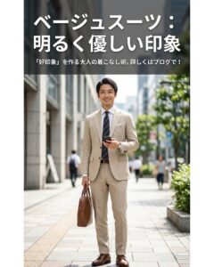 晴れたビジネス街を歩くベージュスーツを着た男性。明るく優しい印象を与え、洗練された大人の余裕を感じさせるベージュスーツのコーディネート。