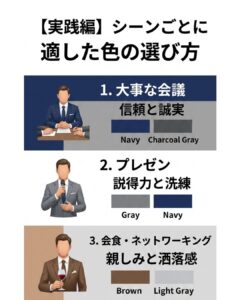 ビジネスシーン別の適したスーツの色の選び方ガイド。大事な会議は信頼のネイビーやチャコールグレー、プレゼンは説得力のグレー、会食はお洒落なブラウンなどを推奨する図解早見表。