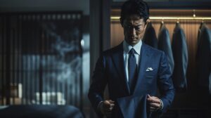 高い修理代を払ったにもかかわらず、不自然なツギハギ跡が残ったスーツを見て静かに後悔する、清潔感のある30代の日本人ビジネスマン。