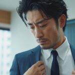 襟が浮き、型崩れしてシワの寄ったネイビースーツを着て、部下や取引先からの見られ方に不安を覚える30代の日本人ビジネスマン。