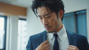 襟が浮き、型崩れしてシワの寄ったネイビースーツを着て、部下や取引先からの見られ方に不安を覚える30代の日本人ビジネスマン。