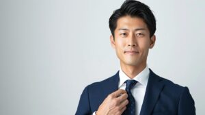 ジャストサイズのネイビースーツを爽やかに着こなし、女性に好印象を与えるビジネスマン⁠