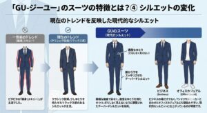 一昔前のピタピタな細身(スキニー)から、少しゆとりを持たせたリラックス感のある現在のトレンドへの変化を解説した図解。GUのスーツは極端な細身ではなく、「適度なゆとりがありつつ、膝から下をスッキリさせたテーパードシルエット」を採用していることを説明。だらしなく見えない現代的なデザインで、ビジネスシーンだけでなく、Tシャツやスニーカーと合わせたオフィスカジュアルにも馴染みやすいことをイラストで比較しています。