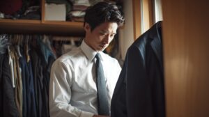 「忙しい朝、普通のクローゼットの前で、ハンガーにかかったネイビーのスーツジャケットを手に取り、複雑な表情で見つめて悩む30代後半の日本人ビジネスマン。朝の服選びやジャケットの活用に関する悩み。」