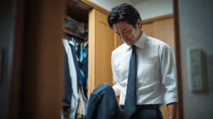 クローゼットの前で白いドレスシャツ姿の日本人ビジネスマン(30代後半〜40代)が、手に持ったネイビースーツの上着(ジャケット)を、複雑な後悔と葛藤の表情で見つめている。数万円の高い修理代を払ったが、結局満足できず「激しく後悔」している瞬間。