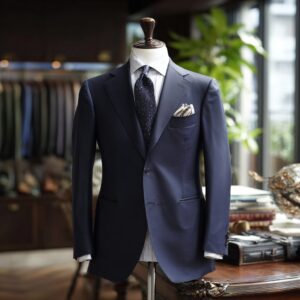 プロのフィッターがいるオーダーサロンの店内にディスプレイされた、体型に合わせて美しく仕立てられた高級感のあるネイビーのオーダースーツ(ジャケット)。
