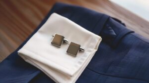 ネイビースーツと白いシャツの袖口に置かれた、オシャレなシルバーのスクエア型カフスボタン