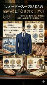 オーダースーツSADAの19,800円という低価格と安さの理由を解説。自社工場でのワンストップ製造や機械化によるコスト削減の仕組みを図解したインフォグラフィック。