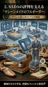 SADAの評判を支えるマシーンメイドのフルオーダーの仕組み。CADシステムによるデジタル体型補正と、自動裁断機による精密な製造工程を解説するイラスト。