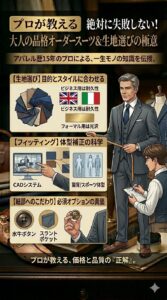 初心者向けにオーダースーツSADAで失敗しない生地選び、専用型紙での体型補正、高級感を出す必須オプションの鉄則をテーラーが解説する画像。