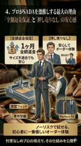 オーダースーツSADAをプロが推奨する最大の理由である「1ヶ月以内の全額返金保証」と「押し売りなし」の安心感を視覚化したテーラーショップのイラスト。