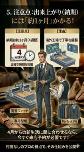 オーダースーツSADAの完成(納期)までに約1ヶ月(4週間)かかる理由と注意点を解説。海外工場での丁寧な縫製工程とカレンダーを図解したイラスト。
