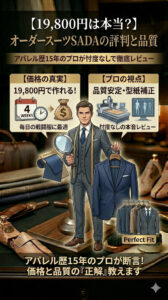 アパレル歴15年のプロによるオーダースーツSADAのレビューアイキャッチ画像。初回19,800円(税込21,780円)で作れる理由(価格の真実)と、CADシステムによる型紙補正・完璧フィットの仕組み(品質)を図解したインフォグラフィック。忖度なしの本音評価。