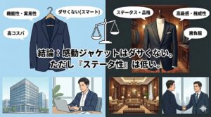 ユニクロ感動ジャケットがダサくない理由とステータス性が低い原因の比較図。機能性・実用性重視のユニクロと、高級感・権威性のあるオーダースーツの違いをアパレル歴15年のプロが解説。