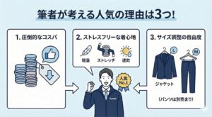 ユニクロ感動ジャケットが選ばれる3つの理由を図解。1.圧倒的なコスパ(安い)、2.ストレスフリーな着心地(軽量・ストレッチ・速乾)、3.サイズ調整の自由度(ジャケット・パンツ別売り)。アパレル歴15年の筆者が解説。