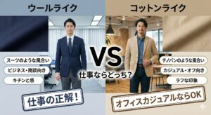 ユニクロ感動ジャケットのウールライクとコットンライクの違いを比較。ビジネスや商談ならスーツ風のウールライクが正解。オフィスカジュアルならコットンライクもOK。