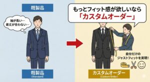 感動ジャケットの既製品で袖丈や着丈が合わない時の解決策はカスタムオーダー。自分だけのジャストフィットサイズに調整することで、ダサく見えるのを防ぐ方法。