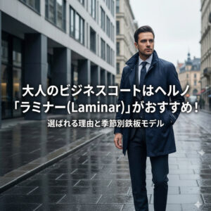 ヘルノ(HERNO)「ラミナー」のネイビーのコートを着こなすスーツ姿の男性。「大人のビジネスコートはヘルノ『ラミナー(Laminar)』がおすすめ!選ばれる理由と季節別鉄板モデル」と書かれたアイキャッチ画像。