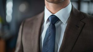 ダークブラウンのスーツに白シャツとネイビーのネクタイを合わせた、ビジネスで使えるVゾーンのコーディネート