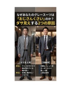 グレースーツがおじさんくさい・ダサ見えする原因の比較画像。左はサイズがダボダボで生地に艶がない既製品のNG例。右は完璧なフィット感と美しい艶があるオーダーメイドの正解スタイル