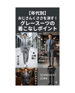 年代別(30代・40代・50代)のおじさんくささを消すグレースーツの着こなしポイント。小物使いで若々しさを出す30代、洗練されたVゾーンの40代、渋いネクタイで品格を出す50代のコーディネート例