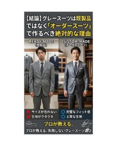 グレースーツは既製品ではなくオーダースーツで作るべき理由。妥協してサイズが合わずクタクタな既製品のNG例と、完璧なフィット感と上質な生地で仕立てたオーダースーツの正解例