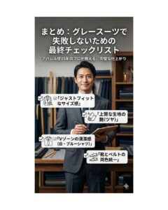 グレースーツで失敗しないための最終チェックリストを持つ男性。ダサ見えを防ぐための「ジャストフィットなサイズ感」「上質な生地の艶」「Vゾーンの清潔感」「靴とベルトの同色統一」の4つのポイント