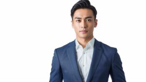 白背景で、テカリが一切ないマットな質感の完璧なジャストサイズのオーダースーツを堂々と着こなす30代の日本人ビジネスマン。
