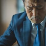 オフィスのデスクで、太もも部分がテカテカに光って寿命を迎えたネイビースーツを見て、部下からの「安っぽい」という視線を気にしながら悩む40代の日本人ビジネスマン。