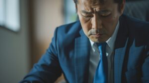 オフィスのデスクで、太もも部分がテカテカに光って寿命を迎えたネイビースーツを見て、部下からの「安っぽい」という視線を気にしながら悩む40代の日本人ビジネスマン。