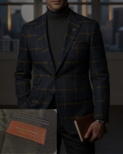 タリアトーレ(TAGLIATORE)のネイビー×ブラウンのチェック柄ジャケットに、黒のタートルネックを合わせた大人の秋冬コーディネート画像。「仕事できる男はタリアトーレを知っている。」というキャッチコピーと、左下にはタリアトーレのブランドタグのアップ写真が配置されている。