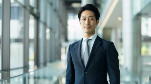 インフォーマル(平服)の指定で間違いのない、ネイビースーツとシルバーグレーネクタイを着用した大人のビジネスマンの正解スタイル