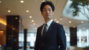 完璧なサイズ感のオーダースーツを着こなす、洗練された40代ビジネスマンの画像。スーツの切れ目(ベント)や適正なサイズ選びによって「ダサい」「おじさんっぽい」という誤解を払拭し、大人の品格とエグゼクティブな印象を演出できることを示しています。