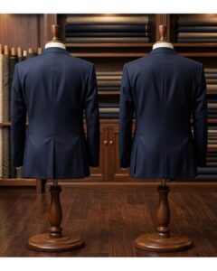 高級オーダーサロンに並ぶ2体のトルソーで、スーツの切れ目(ベント)の違いを比較している画像。左が背中の真ん中に切れ目があるセンターベント、右が両脇に切れ目があるサイドベンツのジャケットの後ろ姿。