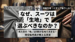 安物スーツ(ポリエステル混)と高級イタリア生地(ウール100%)の光沢と見た目の違いを比較。スーツの格は生地で決まる理由。