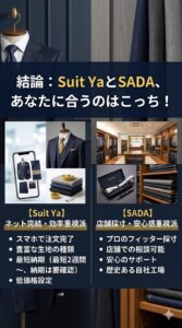 格安オーダースーツ「Suit Ya」と「SADA」の特徴比較画像。スマホで注文完了するネット完結・効率重視派におすすめのSuit Ya(スーツヤ)と、プロの店舗採寸で安心感重視派におすすめのSADA(サダ)の違いと選び方