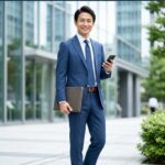青色・ブルーのスーツをジャストサイズで着こなし、爽やかな清潔感を演出するビジネスマン