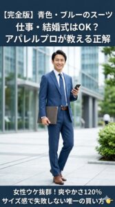 青色・ブルーのスーツをジャストサイズで着こなし、爽やかな清潔感を演出するビジネスマン