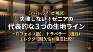 「【アパレルプロが解説】失敗しない!ゼニアの代表的な3つの生地ライン トロフェオ(艶)、トラベラー(機能)、エレクタ(耐久性)徹底比較!」というテキストと、3つの生地見本を前にして解説するスーツ姿の男性
