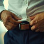 スラックスから飛び出たワイシャツの裾を入れ直すビジネスマン