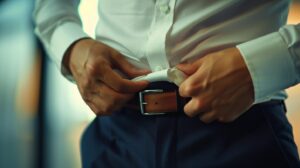 スラックスから飛び出たワイシャツの裾を入れ直すビジネスマン
