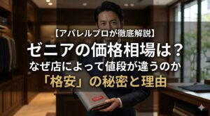 「ゼニアの価格相場は?なぜ店によって値段が違うのか格安の秘密と理由」というテキストと、ゼニアの赤タグ生地を持つ男性
