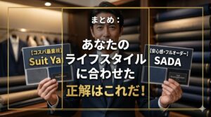 「まとめ:あなたのライフスタイルに合わせた正解はこれだ!」というテキストと、Suit YaとSADAの生地見本を両手に持つ男性