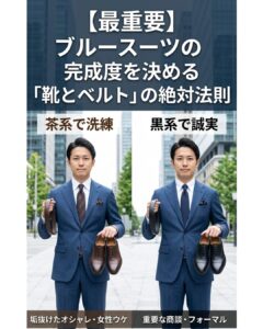 青色・ブルースーツの着こなし。茶系の靴とベルトで洗練された印象(左)と、黒系の靴とベルトで誠実な印象(右)のコーディネート比較