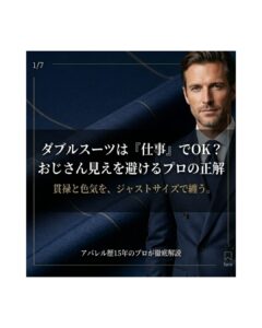ダブルスーツは仕事で着ても問題ないか、おじさん見えを避けるジャストサイズの着こなし方をアパレル歴15年のプロが解説するタイトル画像。ネイビーのダブルスーツを着用した男性。